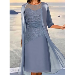 Women's Lace Dress Dress Set Wedding Guest Dress Midi Dress Dusty Blue Green 3/4 Length Sleeve Pure Color Lace up Summer Spring Fall Crew Neck Elegant Party Wedding Guest 2023 S M L XL 2XL 3XL