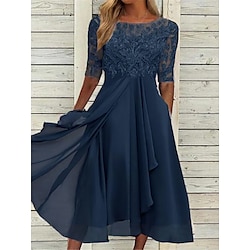 Women's Lace Dress Midi Dress Chiffon Patchwork Pocket Wedding Party Elegant Formal Crew Neck Half Sleeve Blue Purple Green Color