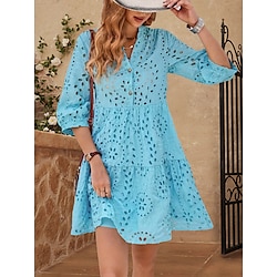 Women's Lace Dress Mini Dress Eyelet Party Basic V Neck 3/4 Length Sleeve White Blue Orange Color