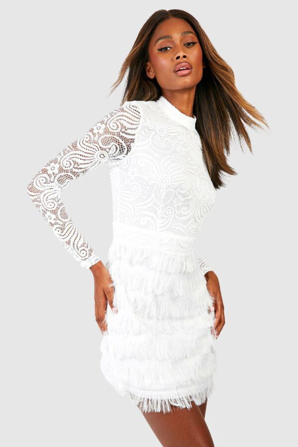 Womens Lace Fringe High Neck Mini Party Dress - White - 14, White