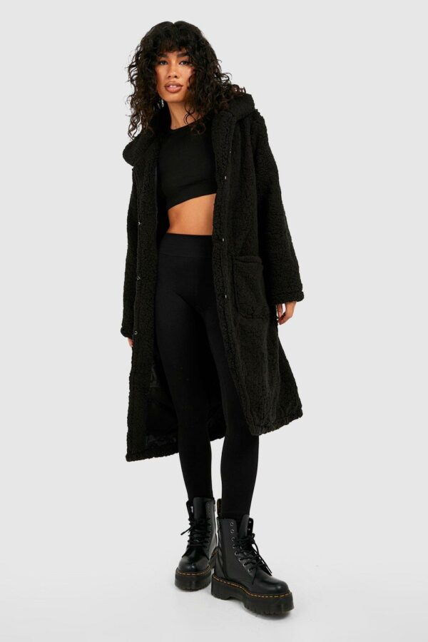 Womens Longline Teddy Faux Fur Coat - Black - 16, Black