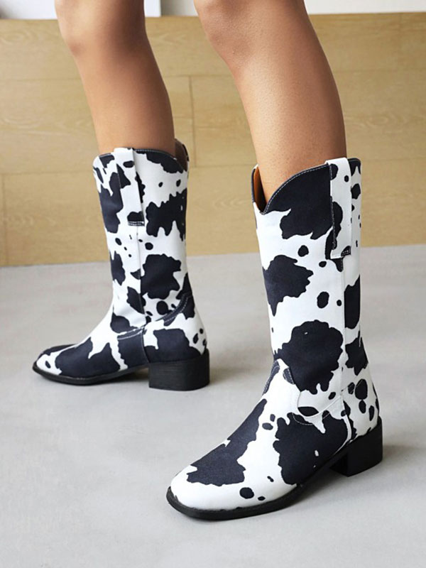 Women's Mid Calf Boots PU Leather Round Toe Cowboy Boots