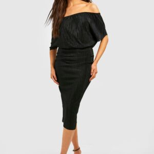 Womens Off The Shoulder Plisse Midi Party Dress - Black - 8, Black