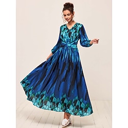 Women's Ombre Belted V Neck Lantern Sleeve Maxi Dress Elegant Wedding Guest Cocktail Party Long Sleeve Spring Fall