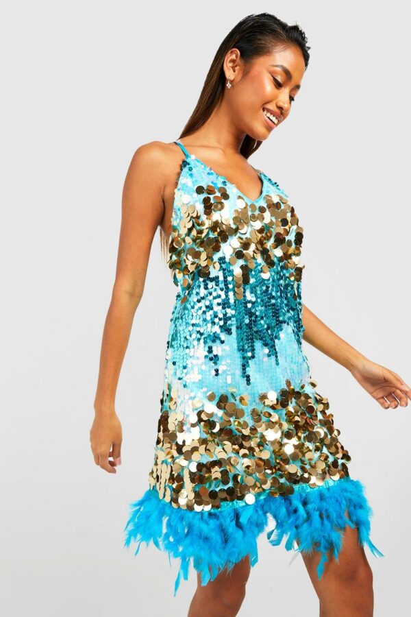 Womens Ombre Sequin Feather Slip Party Dress - Blue - 14, Blue