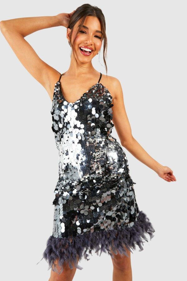 Womens Ombre Sequin Feather Slip Party Dress - Grey - 18, Grey