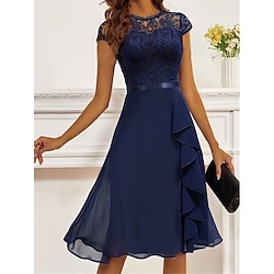 Women's Party Dress Lace Dress Cocktail Dress Midi Dress Dark Blue Short Sleeve Pure Color Lace Summer Spring Fall Crew Neck Fashion Wedding Guest Vacation Summer Dress S M L XL 2XL