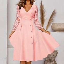 Women's Party Dress Lace Dress Swing Dress Midi Dress Pink 3/4 Length Sleeve Pure Color Lace Summer Spring Fall V Neck Elegant Vacation 2023 S M L XL XXL