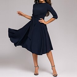 Women's Party Dress Tie Front Belted Crew Neck 3/4 Length Sleeve Midi Dress Wedding Guest Cocktail Party Elegant Classic Navy Blue Beige Spring