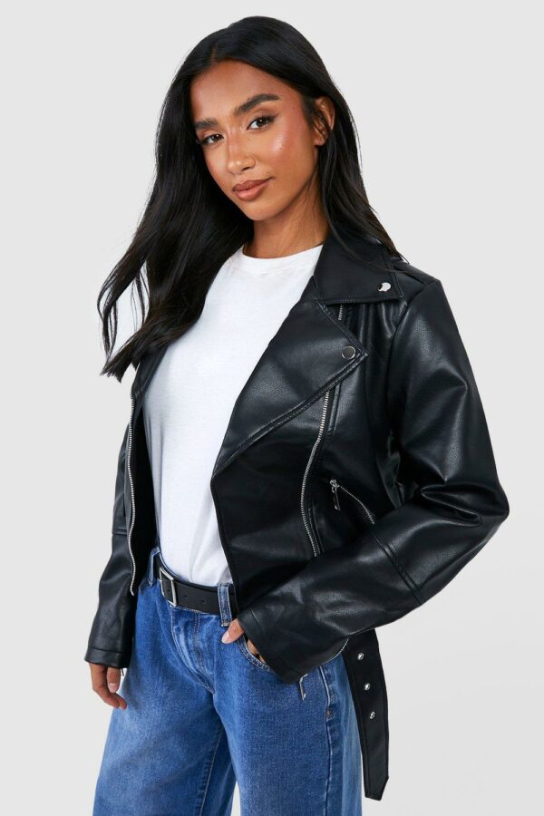 Womens Petite Belted Biker Jacket - Black - 14, Black