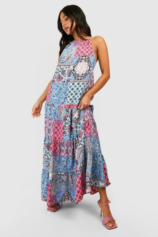 Womens Petite Paisley Swing Maxi Dress - Blue - 8, Blue