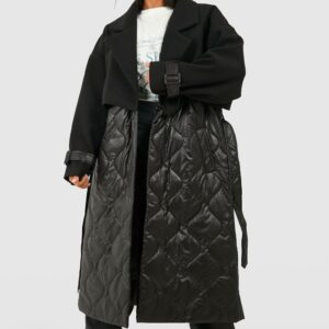 Womens Petite Quilted Wool Look Padded Trench Coat - Black - 6, Black