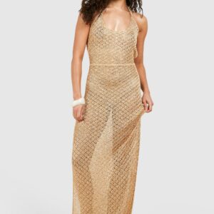 Womens Petite Sequin Knit Backless Maxi Beach Dress - Gold - S, Gold