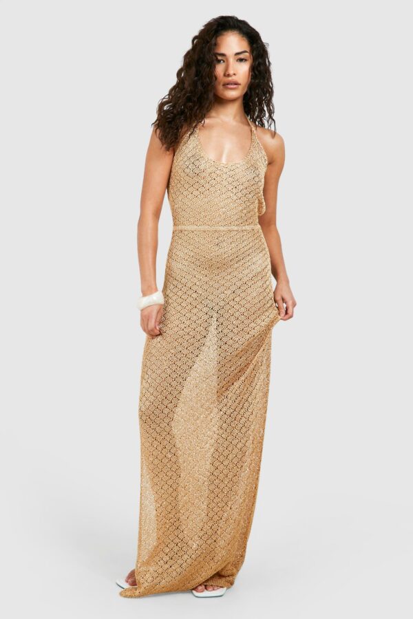 Womens Petite Sequin Knit Backless Maxi Beach Dress - Gold - S, Gold