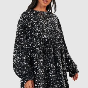 Womens Petite Velvet Sequin Swing Smock Dress - Black - 10, Black