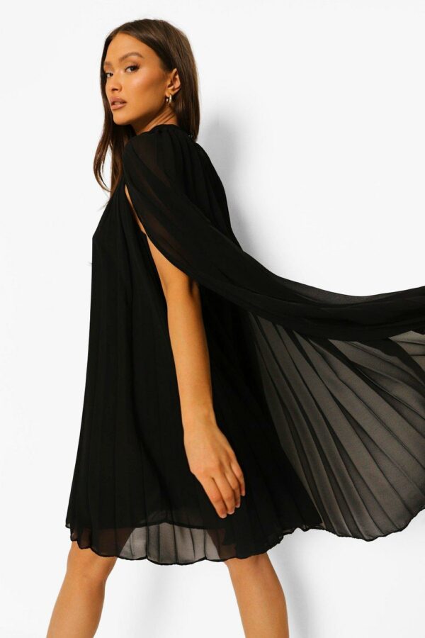 Womens Pleated Cape Swing Dress - Black - 10, Black