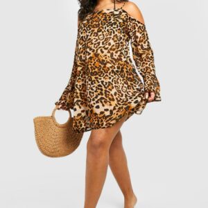 Womens Plus Beach Leopard Swing Dress - Brown - 18, Brown