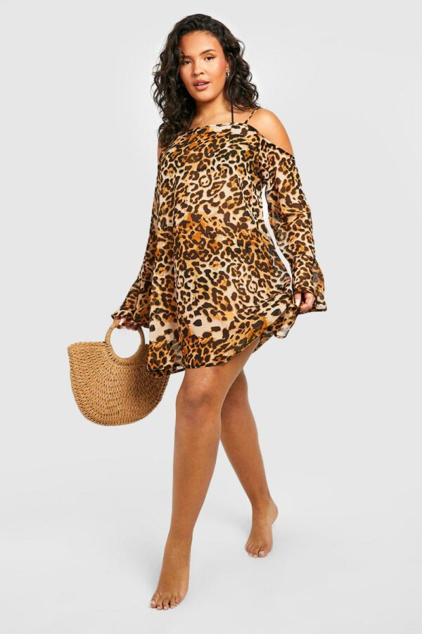 Womens Plus Beach Leopard Swing Dress - Brown - 18, Brown