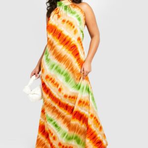 Womens Plus High Neck Tie Dye Swing Maxi Dress - Orange - 22, Orange