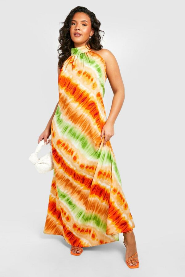 Womens Plus High Neck Tie Dye Swing Maxi Dress - Orange - 22, Orange