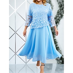 Women's Plus Size Curve Party Dress Winter Dress Lace Dress Solid Color Long Dress Maxi Dress 3/4 Length Sleeve Lace Ruched Crew Neck Elegant Party Pink Blue Summer Spring L XL 2XL 3XL 4XL