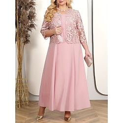 Women's Plus Size Dress Set Lace Dress Party Dress Semi Formal Dress Party Wedding Guest Elegant Fashion Lace Embroidered Long Dress Maxi Dress Crew Neck 3/4 Length Sleeve Plain Regular Fit Spring