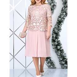 Women's Plus Size Dress Set Lace Dress Party Dress Semi Formal Dress Party Wedding Guest Elegant Fashion Patchwork Embroidered Midi Dress Crew Neck 3/4 Length Sleeve Plain Loose Fit Spring Fall