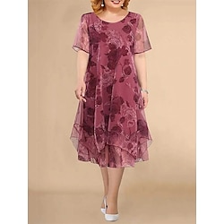 Women's Plus Size Party Dress Cocktail Dress Chiffon Mesh Layered Crew Neck Short Sleeve Floral Midi Dress Wedding Guest Cocktail Party Wine Blue Summer Spring