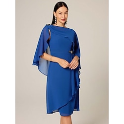 Women's Plus Size Wedding Guest Cocktail Dress Set Chiffon Ruffle Boat Neck Sleeveless Midi Dress Party Elegant Royal Blue Summer