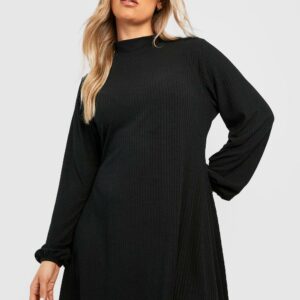 Womens Plus Soft Rib High Neck Swing Dress - Black - 24, Black