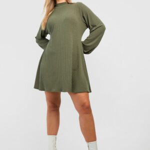 Womens Plus Soft Rib High Neck Swing Dress - Green - 20, Green