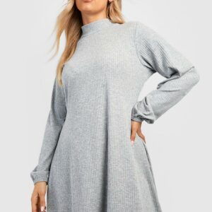 Womens Plus Soft Rib High Neck Swing Dress - Grey - 22, Grey