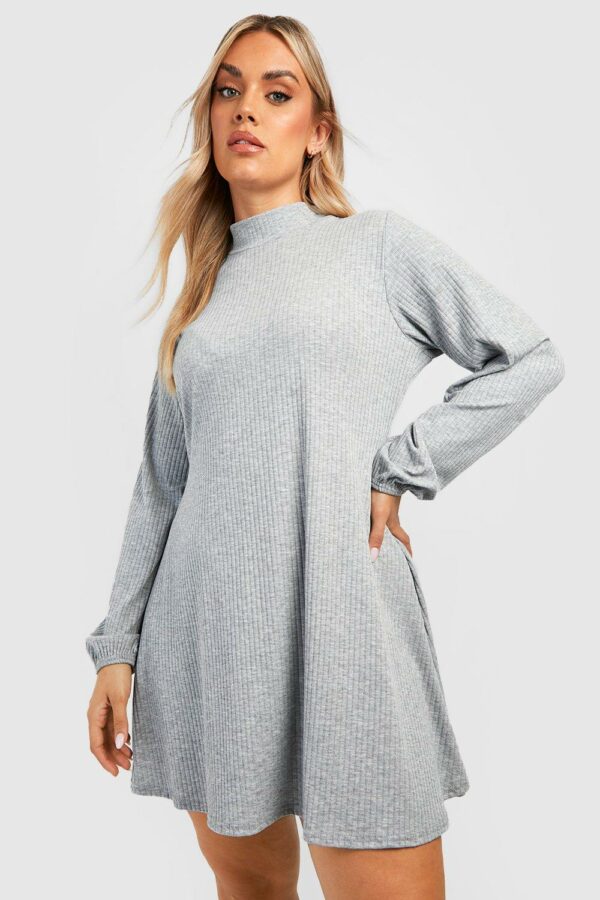 Womens Plus Soft Rib High Neck Swing Dress - Grey - 22, Grey