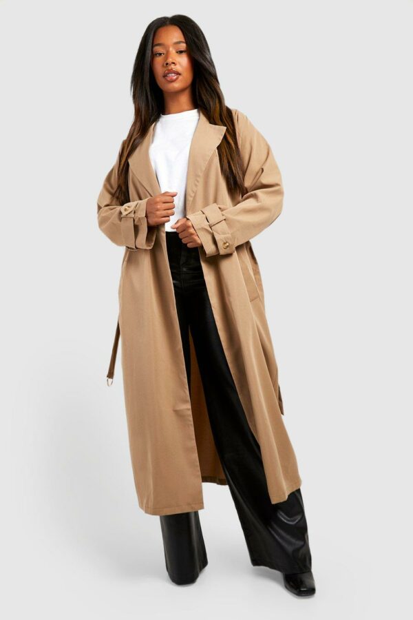 Womens Plus Woven Tailored Belted Trench Coat - Beige - 16, Beige