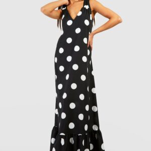 Womens Polka Dot Trapeze Maxi Dress - Black - 8, Black