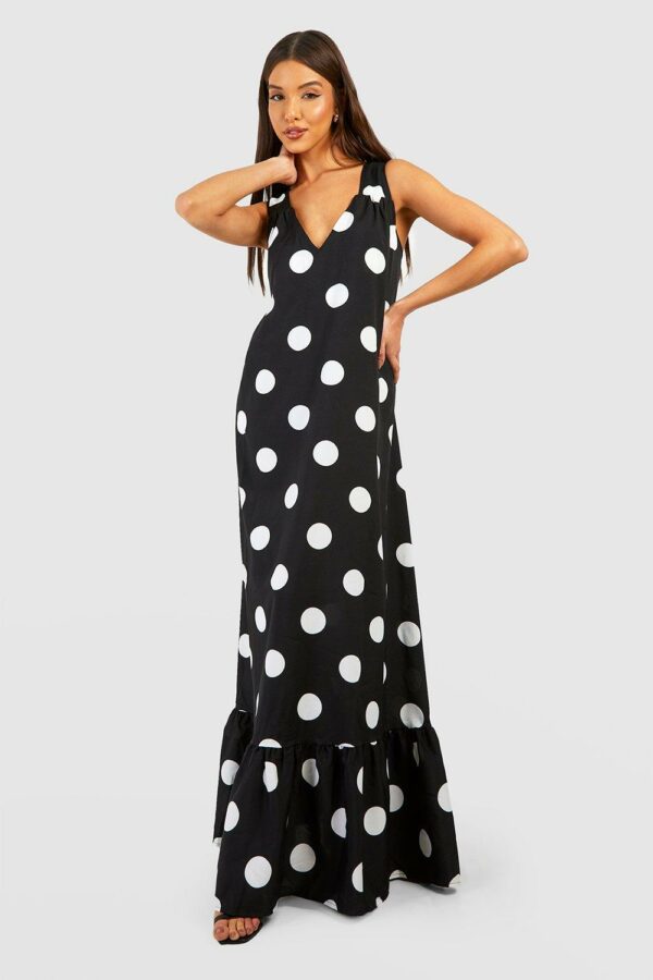 Womens Polka Dot Trapeze Maxi Dress - Black - 8, Black