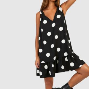 Womens Polka Dot Trapeze Mini Dress - Black - 14, Black