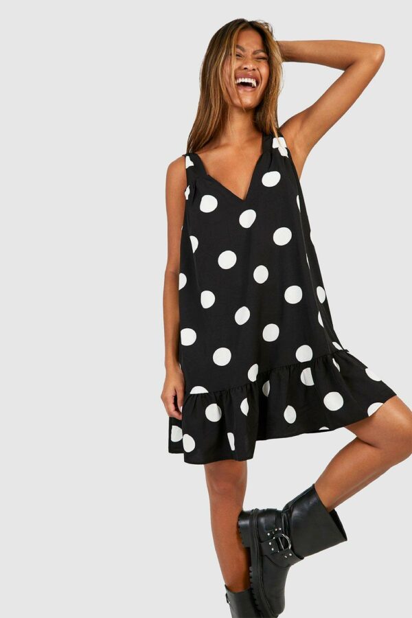 Womens Polka Dot Trapeze Mini Dress - Black - 14, Black