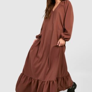 Womens Poplin Blouson Sleeve Trapeze Maxi Dress - Brown - 8, Brown