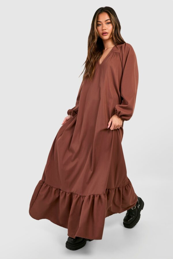 Womens Poplin Blouson Sleeve Trapeze Maxi Dress - Brown - 8, Brown