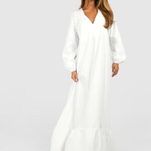 Womens Poplin Blouson Sleeve Trapeze Maxi Dress - White - 8, White