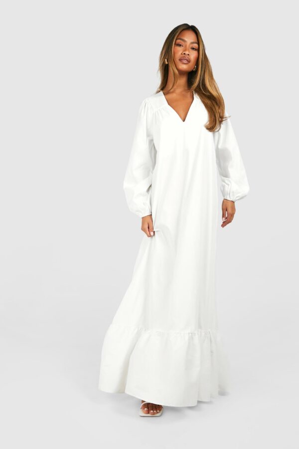 Womens Poplin Blouson Sleeve Trapeze Maxi Dress - White - 8, White