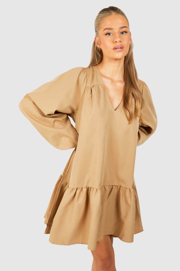 Womens Poplin Blouson Sleeve Trapeze Mini Smock Dress - Beige - 8, Beige