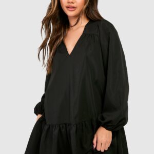 Womens Poplin Blouson Sleeve Trapeze Mini Smock Dress - Black - 8, Black