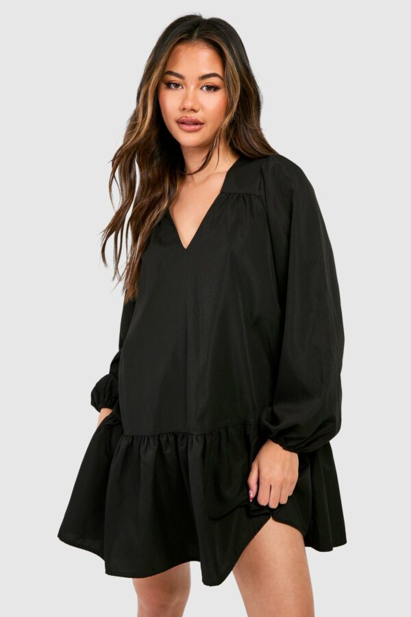 Womens Poplin Blouson Sleeve Trapeze Mini Smock Dress - Black - 8, Black