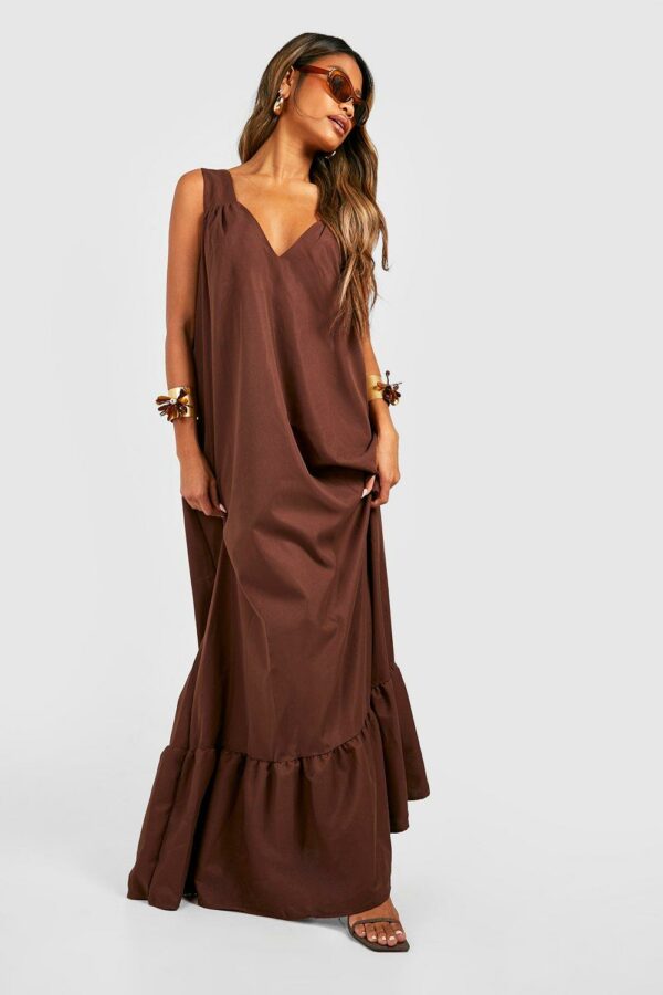 Womens Poplin Trapeze Maxi Dress - Brown - 8, Brown