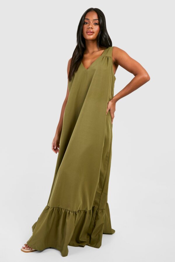 Womens Poplin Trapeze Maxi Dress - Green - 8, Green