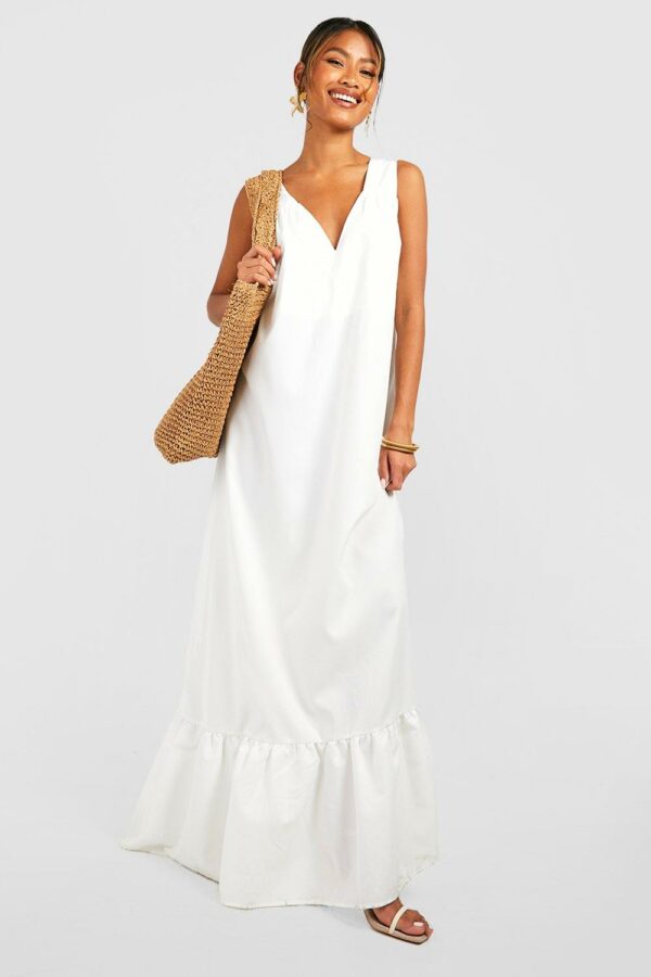 Womens Poplin Trapeze Maxi Dress - White - 8, White