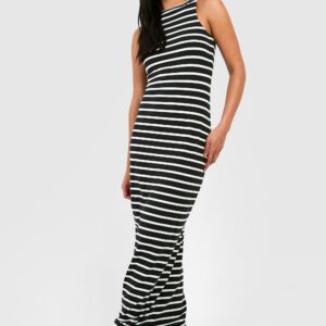 Womens Premium Super Soft Racer Neck Stripe Bodycon Maxi Dress - Black - 10, Black