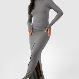 Womens Premium Super Soft Roll Neck Bodycon Maxi Dress - Grey - 12, Grey